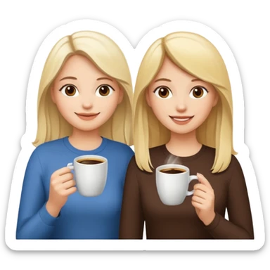 sisters drinking coffee one with blonde hair one with dark brown sticker