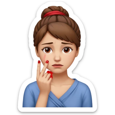 ["Sad woman with brown hair tied up, wiping away a tear."] sticker