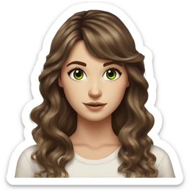 White girl green eyes with long voluminous brown hair with brown highlights balayage bangs sticker