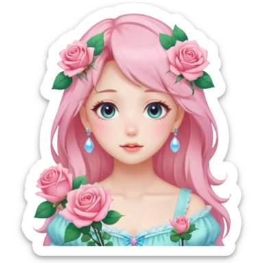 Gorgeous pastel anime style lady with blushing face and roses cottagecore fairycore pastelcore shiny colorful pearly aesthetic trending style sticker