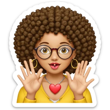 chica con piel morena, cabello rizado afro, vestida de amarillo, con candongas y  que use lentes, saque la lengua, y mientras hace un corazón con las manos sticker