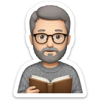 A man with a large gray beard, dark hair, and glasses, studying. sticker