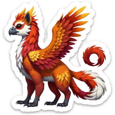 4-legged colorful shiny smooth glossy furry realistic scaly winged long-big-beaked Gryphon-Griffin-Griffsnuff-Talonflame-Silvally-Braviary-Red-Panda-fusion-hybrid-animal-Fakémon-creature, full body, with a long thin tufted lion-tail, long tufted ears  sticker