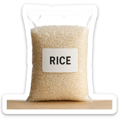 photo realistic transparent bag with rice grains, visible label sticker