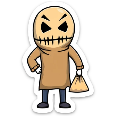 horror character with torn burlap sack mask, full body, spooky, ominous posture sticker