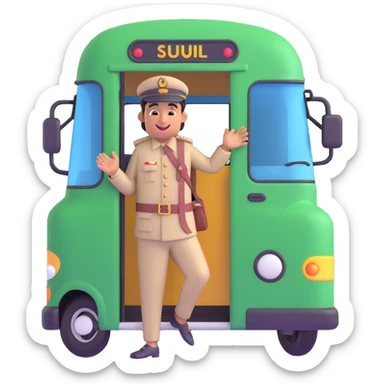 Pakistani bus conductor calling out for passengers, traditional attire, holding onto bus door, lively expression, South Asian features, simple background sticker
