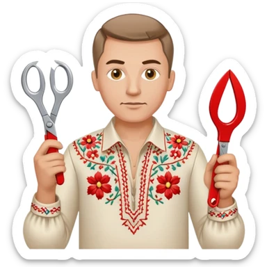 Ukrainian man in traditional vyshyvanka embroidered shirt holding red scissors in one hand and a spanner in the other hand sticker