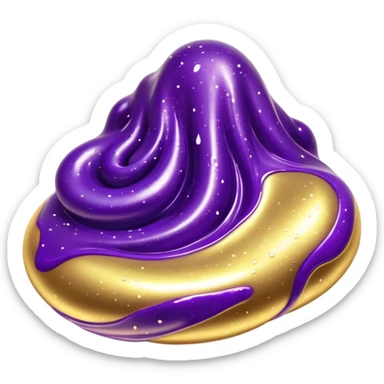 Cinematic Realistic Shiny Slime Mixed with Glitter, thick and glossy with swirling metallic flecks suspended inside, a dynamic mix of deep purple and golden sparkles, light catching every shimmer, flowing smoothly with realistic folds and ripples, glowing with an enchanting, almost liquid-metal effect. sticker