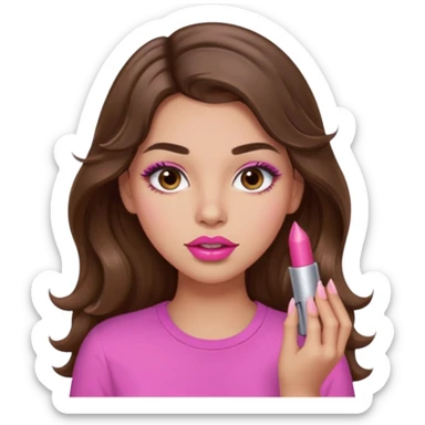 girl with long wavy brown hair, brown eyes, light to medium complexion, in a pink shirt, pink lips, long lashes, puckered lips, putting on lipstick sticker