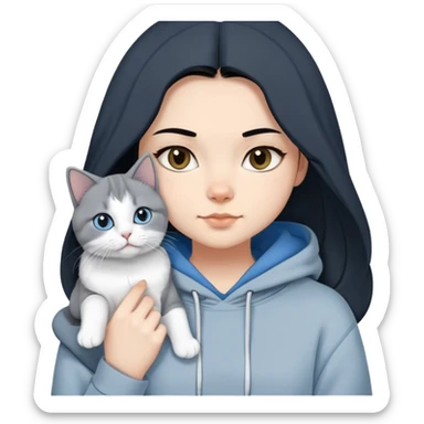 Girl with black hair in gray hoodie with a British shorthair blue and white cat and a long-haired blue and white cat sticker