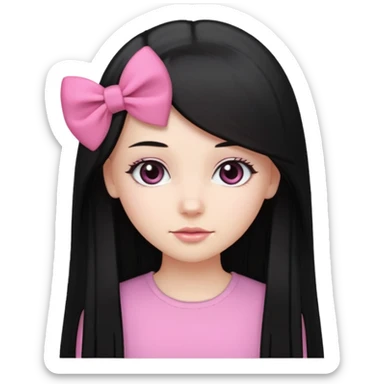 white girl, cute, black long straight hair, pink bow on side sticker