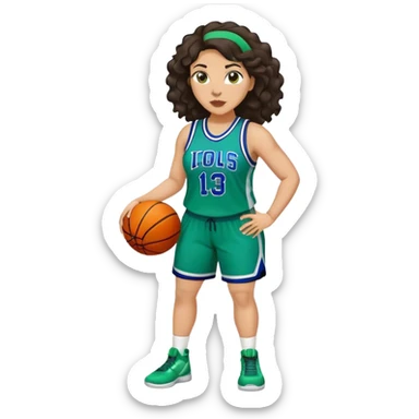 full body plus size light skin latino women basketball player with wavy dark hair large widenose wearing blue and green uniform sticker