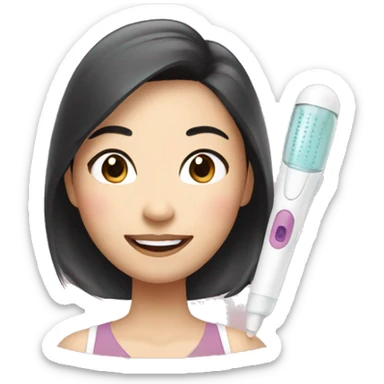 an asian woman using beauty device with smile on her face sticker
