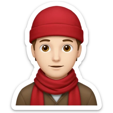 a man with red scarf, brown cap sticker