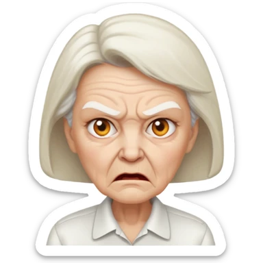a portrait of angry elderly woman, wearing shirt sticker