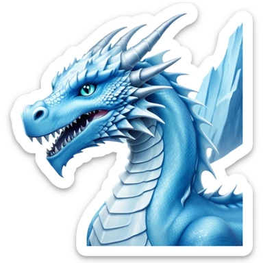 Cinematic Noble elegant Ice Dragon Portrait Emoji, Poised and imposing, distinct long elegant snout, with a slender, scaled body shimmering in glacial hues of icy blue, frostbitten silver, and crystalline white, breathing out frost, with piercing, glowing ice blue white eyes that radiate the chilling depths of an arctic storm; rendered in detail. excuding wisdom sticker