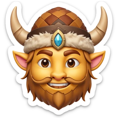 Cinematic Playful Barbarian Portrait Emoji, Head tilted with a cheeky grin and lively eyes, featuring a compact, stylized build in patchwork furs and a whimsical horned cap, Simplified yet irresistibly charming features, highly detailed, glowing with a warm, inviting glow, high shine, energetic and endearing, stylized with a touch of whimsical medieval mischief, soft glowing outline, capturing the essence of a playful barbarian that exudes friendly bravery! sticker