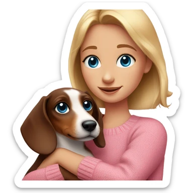 A girl with blue eyes in a pink sweater hugs a dachshund puppy sticker
