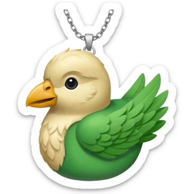 un oiseau classique de profil tout vert avec un collier autour de son cou avec des breloque argentées et un seul poil blond qui fait une petite bouclette sur le front le collier est autour du coup de l’oiseau entre la tête et le corps sticker