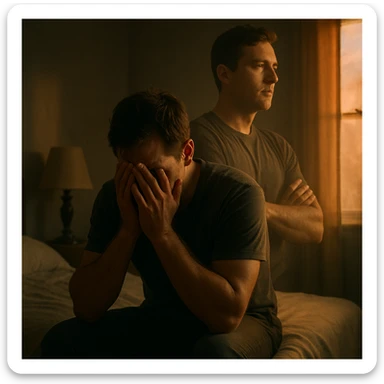 A man sitting on the edge of his bed at dawn, head in hands, with a ghostly double exposure of a more confident version of himself in the background, representing a 'what if' after a diagnosis. Cinematic, emotional realism, symbolic duality, soft lighting, hyperrealistic 4K. sticker