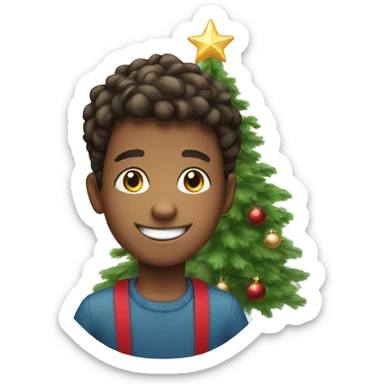 smiling boy near christmas tree sticker