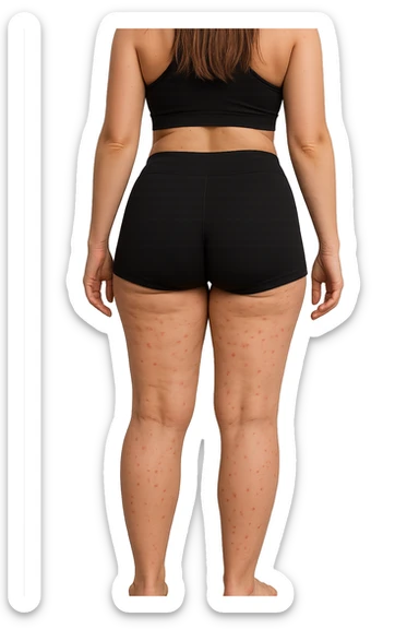 donna di schiena in gym shorts con cellulite e red spot sparsi sulle gambe sticker