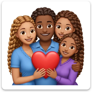 A throuple, with one tall large brown skinned black man with a low cut, a brown skinned large woman with long hair, and a brown skinned woman with braids, embracing each other, heart emoji sticker