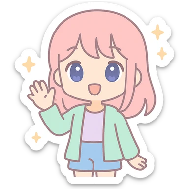 anime girl waving, casual clothes, playful, sparkles sticker