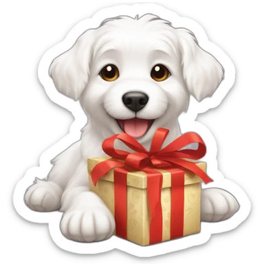 furry white happy dog with present sticker