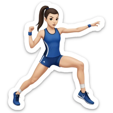 Melanie chisholm with a dark brown high ponytail wearing athletic attire doing a kick sticker
