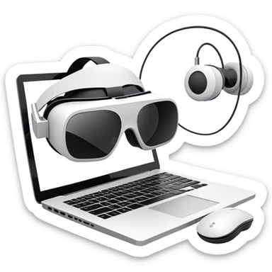 VR headset lying next to a laptop, connected by wires. On the laptop screen a VR/AR modeling soft program is opened. Floating 3D models or virtual objects. Modern, tech-inspired colors. No emojis or smiley faces. Transparent background. sticker