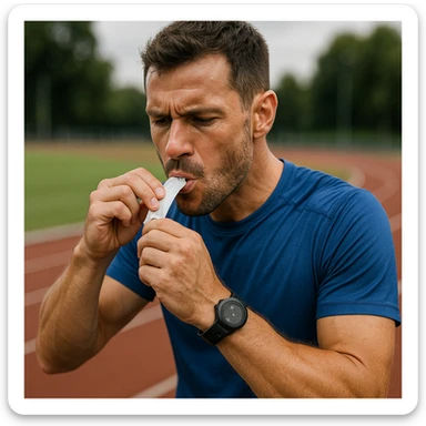 realistic 4K quality image of a sporty man in running clothes taking and quickly consuming a sugar packet during a break, focused expression, athletics track environment sticker
