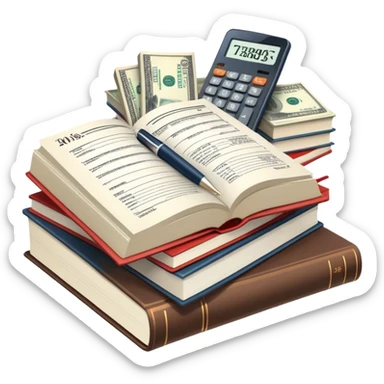 Icon for Business Reading: an open book with graphs, numbers, percentages, formulas, and text on the pages, next to a stack of books, a pile of dollars, a calculator and business magazines like Forbes. Transparent background. sticker