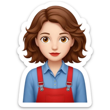 Woman with wavy brown hair and hazel eyes wearing red trouser braces. sticker
