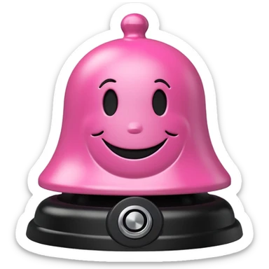 pink call bell with black base and silver push knob on top and with smiley face on it sticker
