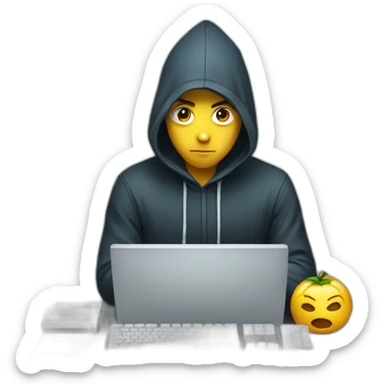 Young man with a hood behind his computer and focus on his code  sticker