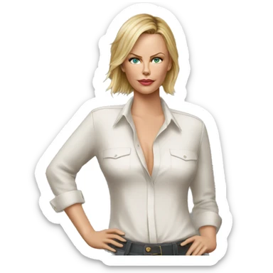 ultra realistic charlize theron wearing shirt sticker