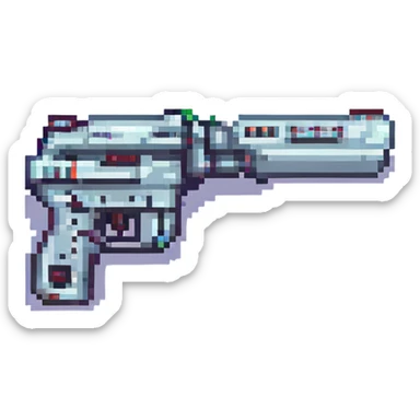 Make the gun look futuristic, keep the pixel art style, with no background. sticker