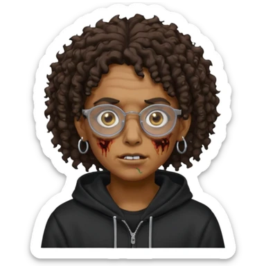 Chico moreno zombie, con gafas y sudadera negra, dos aretes en la oreja izquierda y dos en la derecha, ojeras en los ojos, pelo rizado sticker