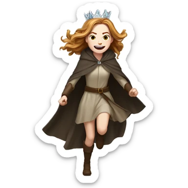 Emma Stone running, with a large stride and arms outstretched, wearing an icicle crown and winter cloak, long golden brown hair sticker