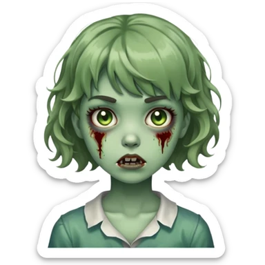 zombie girl with short wavy hair and bangs, greenish skin sticker