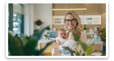 Cinematic still, blurred plants in the foreground (close to the camera), Proffesional advertising of a smiling european white woman with glasses smiling holding baby, minimalistic ophthalmologist interior in background, leading  lines, "rule of thirds", 60/30/10 colors, soft light, warm colors sticker