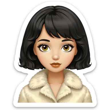 Alluring 1960's mod greek olive skin girl french shiny black wavy textured bob haircut tousled hair wearing cream fur coat sticker