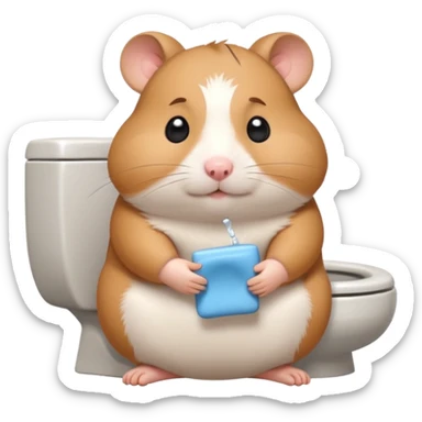 Cute chubby cartoon-style hamster sitting on toilet looking as if he had an accident, sticker-style illustration sticker