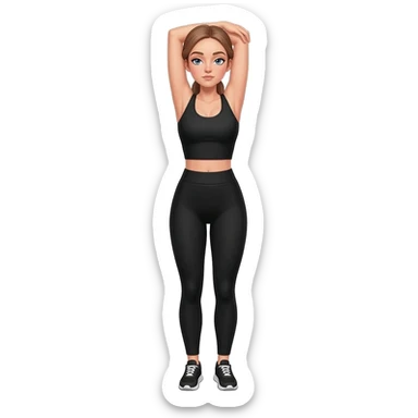 gentle bedtime stretch with sleepy mood, fair-skinned woman, gray-blue eyes, ash brown brows, ash light brown hair tied back, slim athletic body, black workout set, black sneakers with white soles sticker