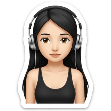 a fair INDIAN girl with straight black long hair, wearing a black cami top. and wearing silver  headphones on sticker