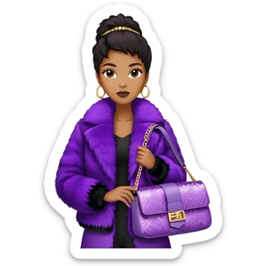 Beautiful black woman wearing a monogram Fendi jacket with a fur trim. She is carrying a purple sequined Fendi Baguette bag. I want the image close up. The jacket is not purple.  sticker