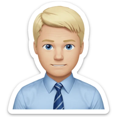 A guy with blonde hair and blue eyes that looks masculine. make him wear a shirt with a tie. he is danish. Make 4 diferent variations. in one he is smilin. in one he is angry sticker