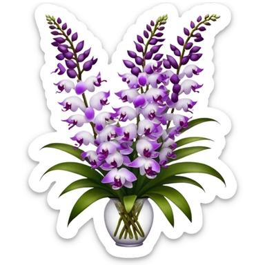 big bouquet white purple Rhynchostylis Orchid, stem, leaf, luxuriant sticker