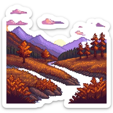 pixel art fall landscape at sunset, orange and red foliage, glowing sky sticker